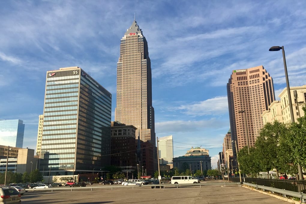 The Cleveland skyline in evening light, seen from the Warehouse District.