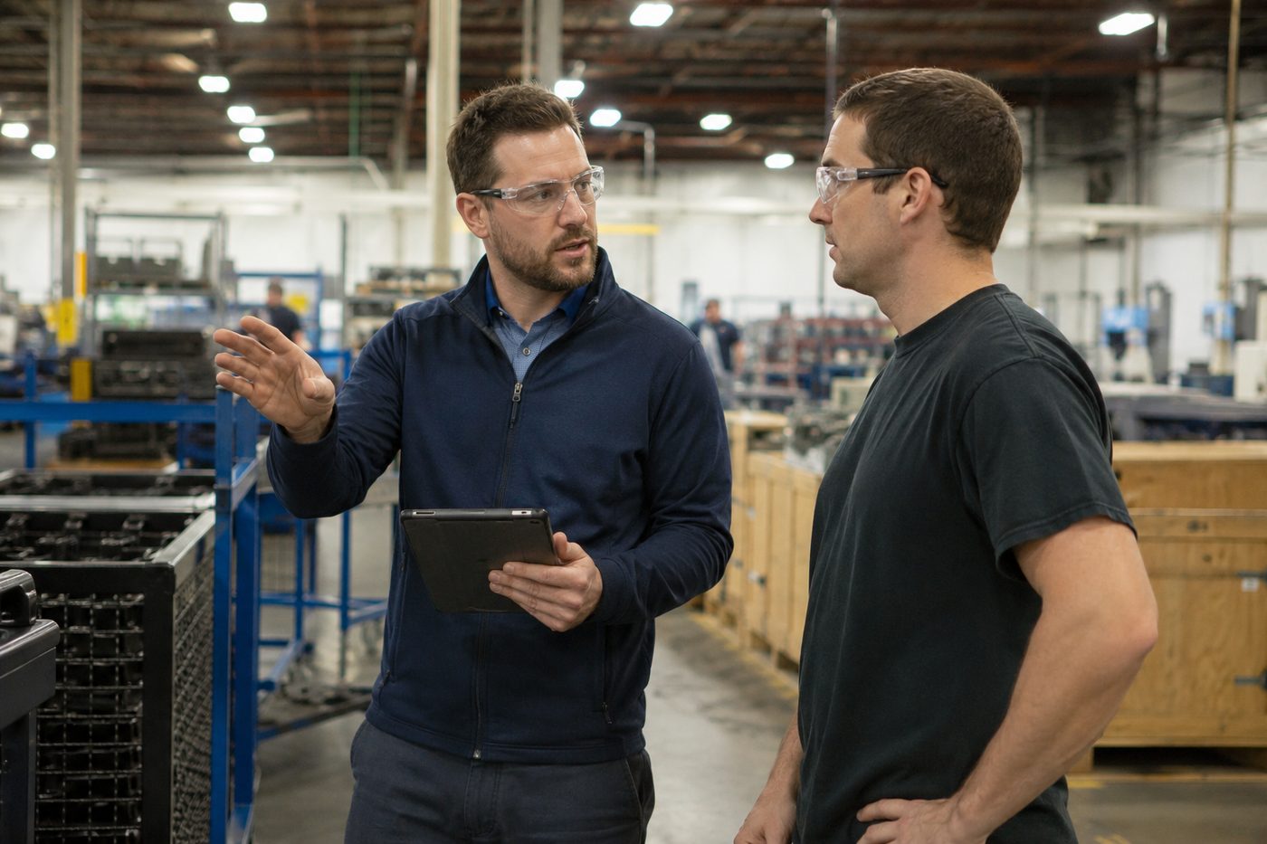 A quality representative holding a tablet talks with a machine operator on a plant floor, both wearing safety glasses.