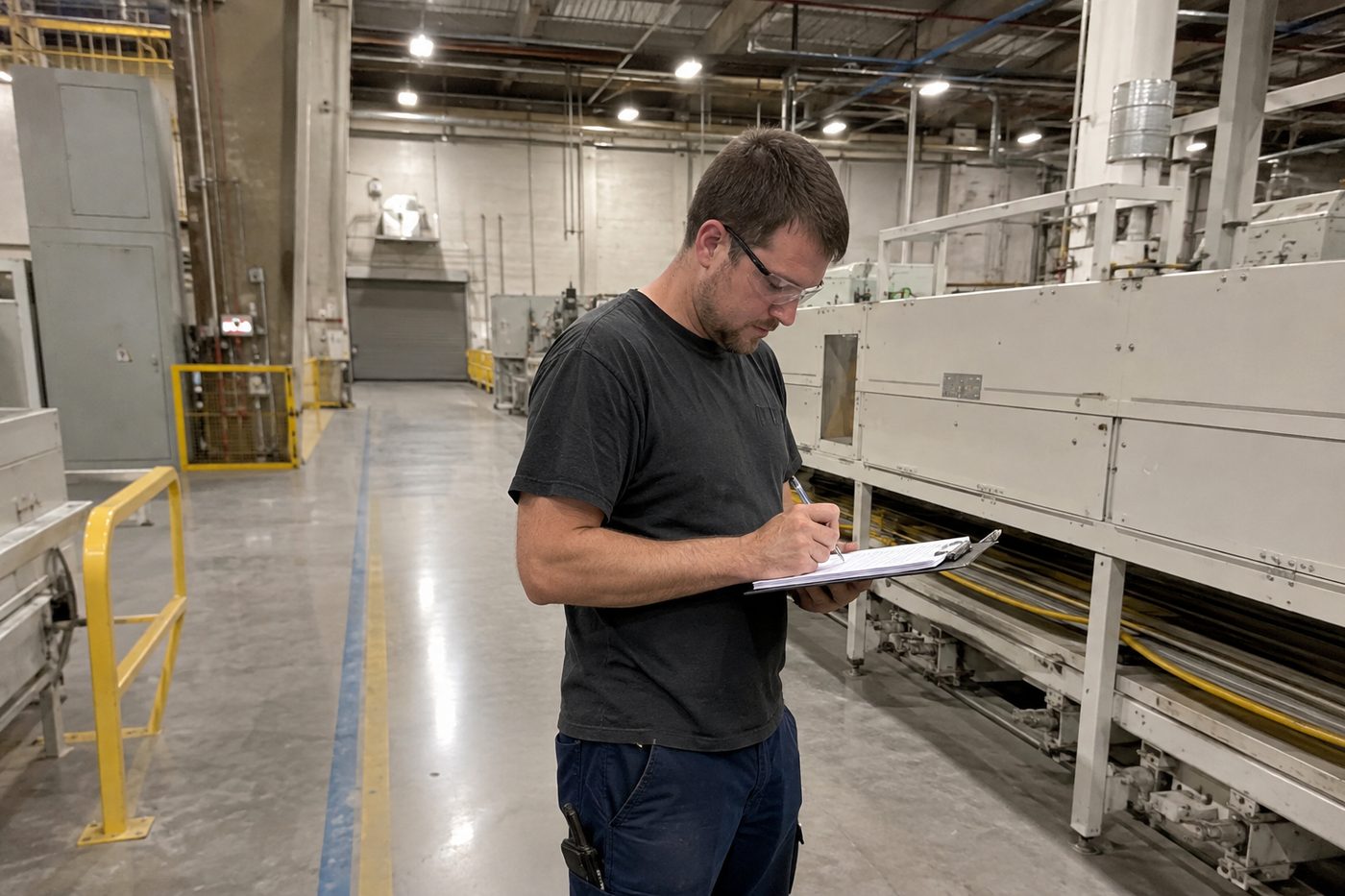 A quality representative in safety glasses recording notes on a clipboard beside a production line.